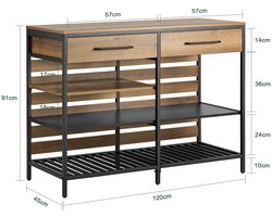 ITRONIQ Keukeneiland Met 2 Lades en 5 Open Planken - Keukenkast Organizer 120 x 45 CM - Industrieel - Vintage Bruin Zwart