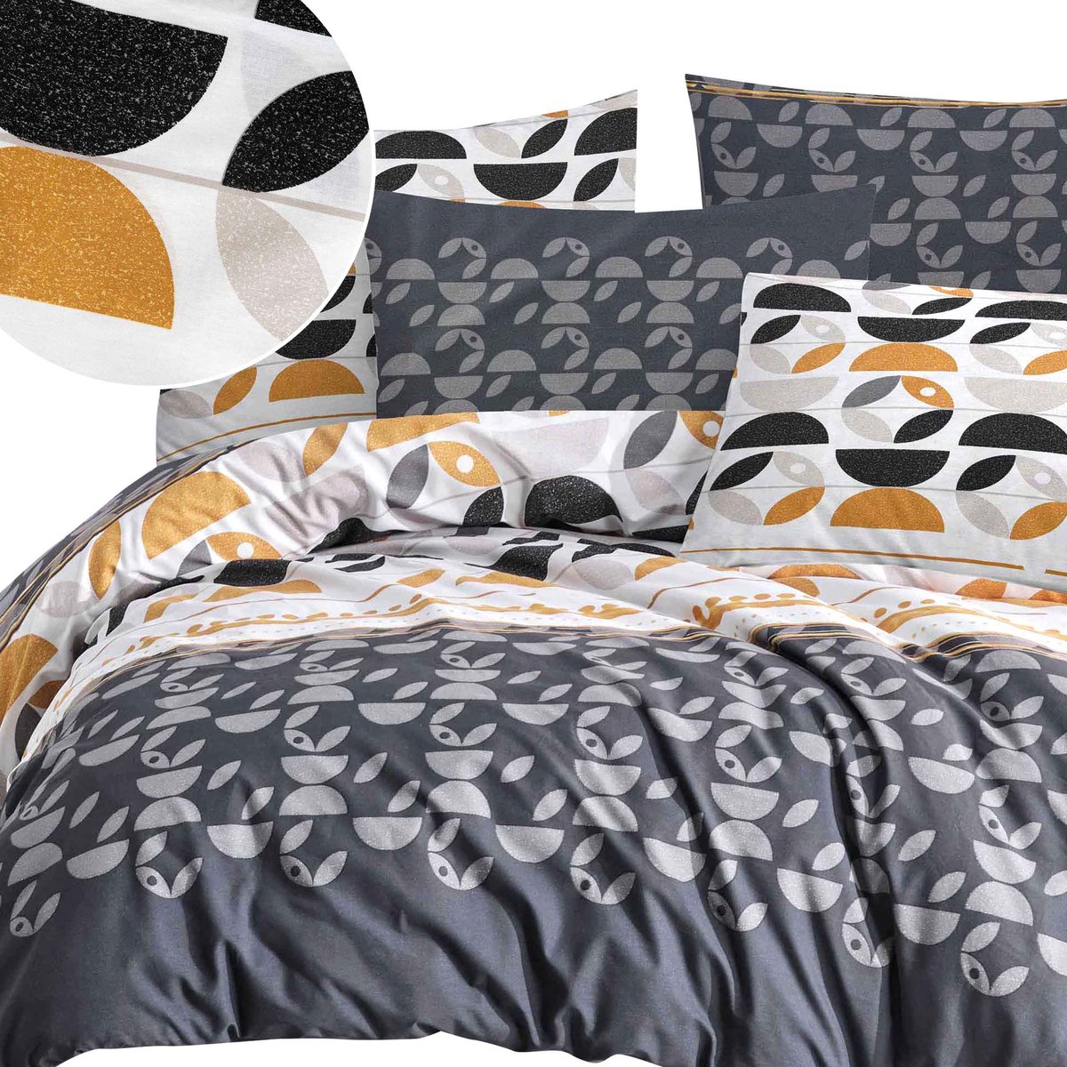 Luxe Katoenen Dekbedovertrekset Ranforce CARLA – 160x200 cm – Geometrisch Grafiet / Grijs-Oranje – 100% Katoen – Darymex