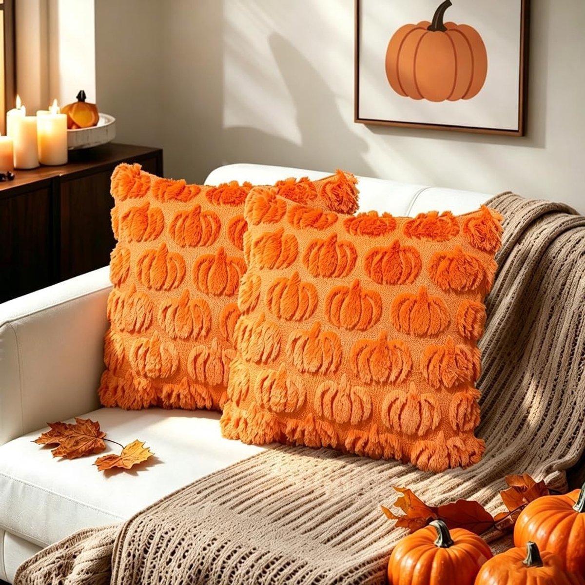 Herfst pompoenkussenhoezen set van 2, 45x45 cm, wol-look, decoratie voor Halloween en Thanksgiving, oranje kleur
