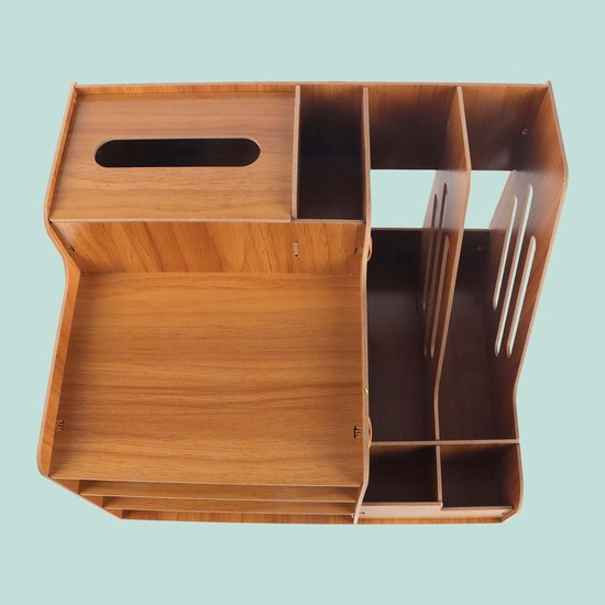 Houten bureau organizer met vakken voor documenten, pennen en tissues.