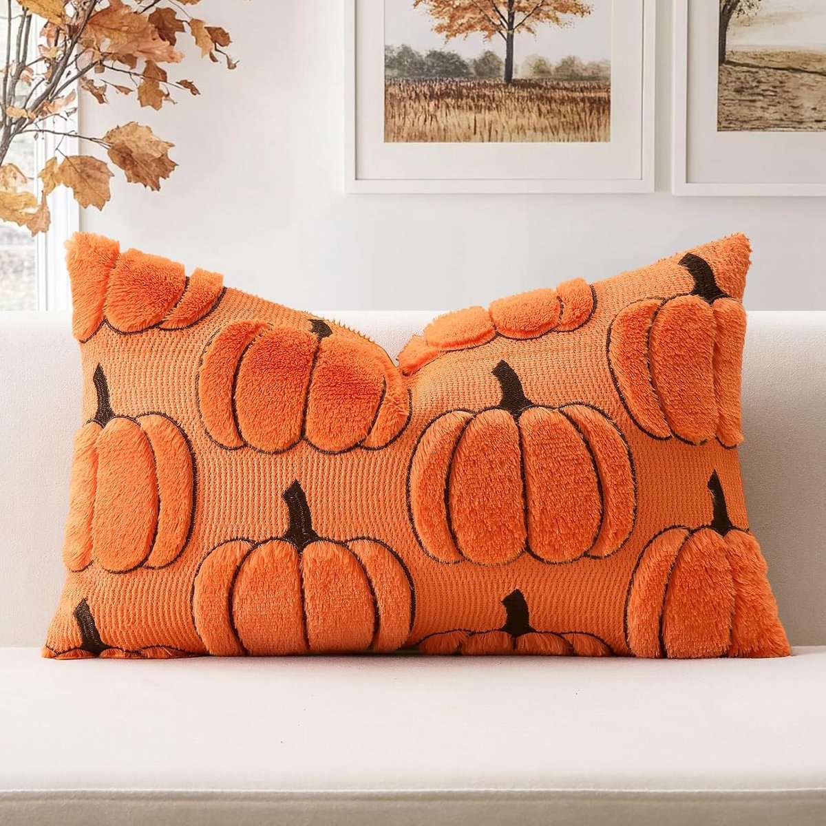 Set van 2 Pompoen Kussenslopen van Fluweel voor Herfstdecoratie in Woonkamer, Slaapkamer en Kantoor - 40 x 60 cm Oranje