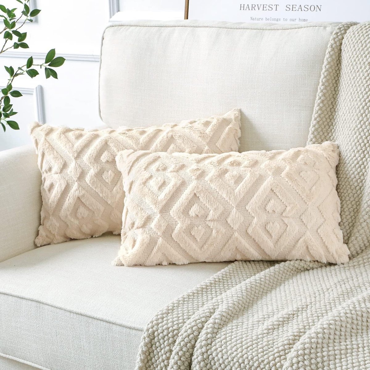 Set van 2 Luxe Wol Kussenhoezen, Zachte Pluche Kussens voor Sofa en Slaapkamer, Geometrisch Crème Beige 40 x 60 cm, Decoratieve Kussens voor Thuisdecoratie