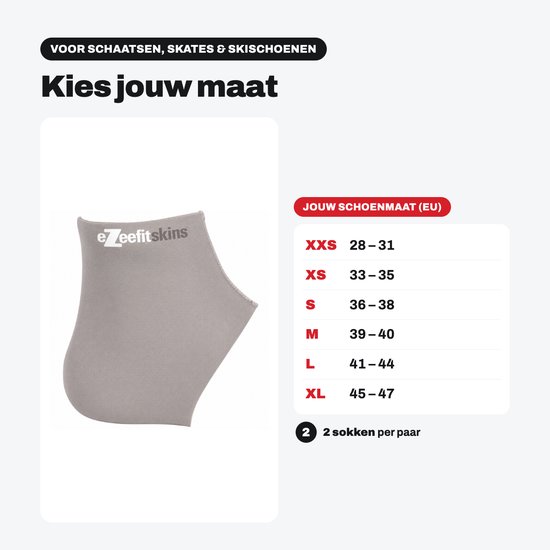 Grijze enkelsok voor schaatsen, skates & skischoenen. Maattabel van EU 28-31 (XXS) tot 45-47 (XL).