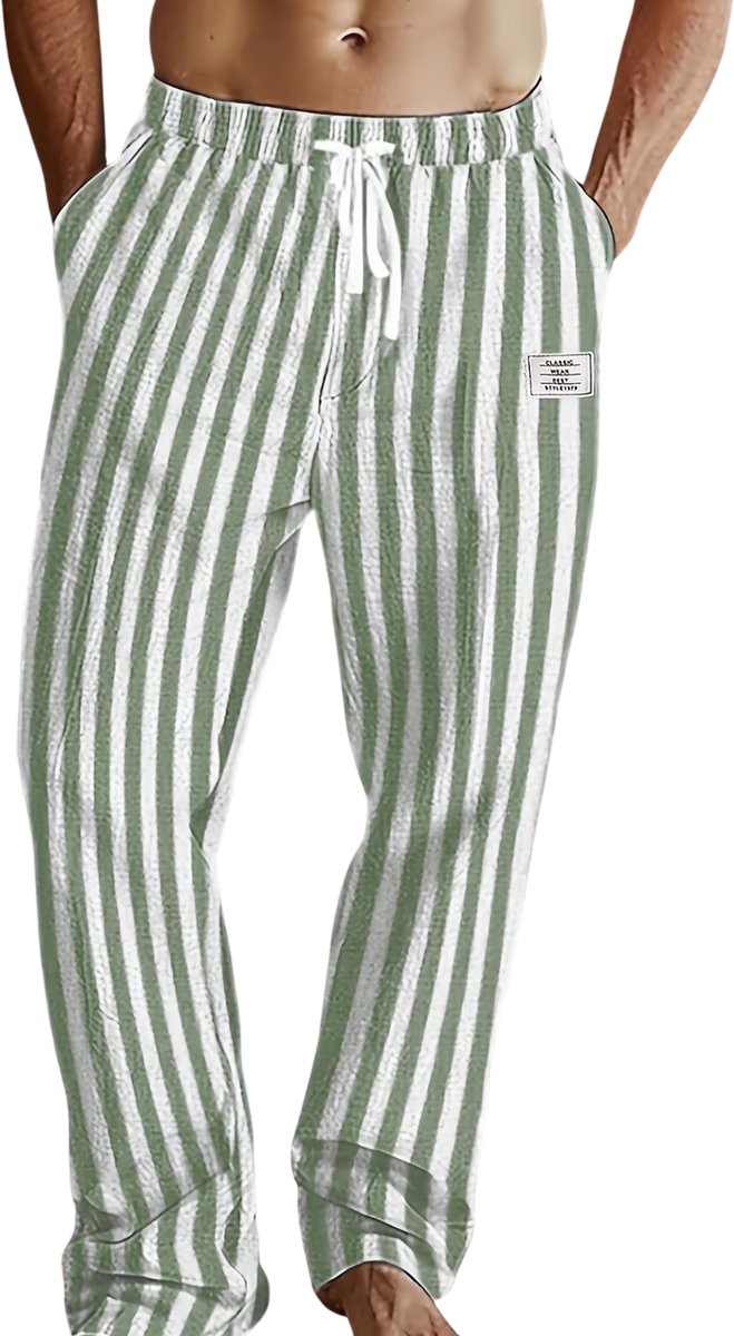 Currero Gestreepte Broek Heren and Striped Pants Yacht Club Linnen Broek Zomerbroek Volwassenen Lange Broek Strandbroek Olijfgroen