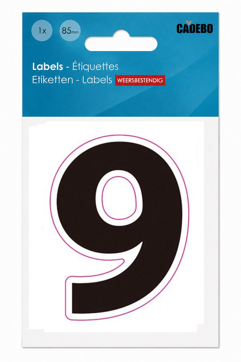 Plakcijfer - Nummer Sticker - 9 - Cadebo - Weerbestendig - 8,5 cm hoog, 6 cm breed, perfect formaat - Zwart