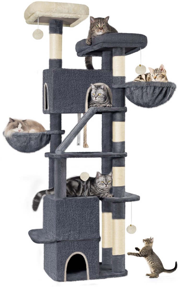 Hzuaneri 185cm Krabpaal groot, XXL kattenboom, kattentoren voor maine-kat, grote kat, 7-traps krabpaal, kattenboom met 3 holtes, 6 krabbomen, Donkergrijs