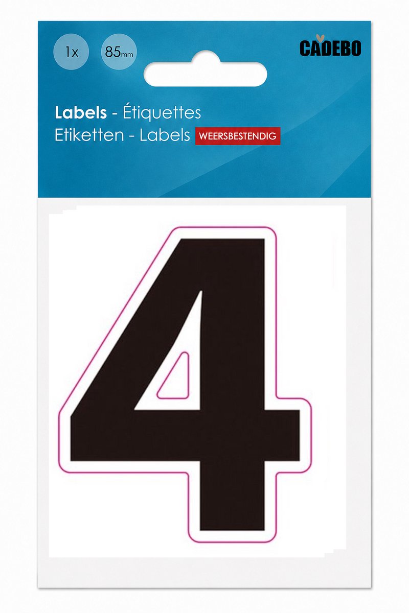 Plakcijfer - Nummer Sticker - 4 - Cadebo - Weerbestendig - 8,5 cm hoog, 6 cm breed, perfect formaat - Zwart