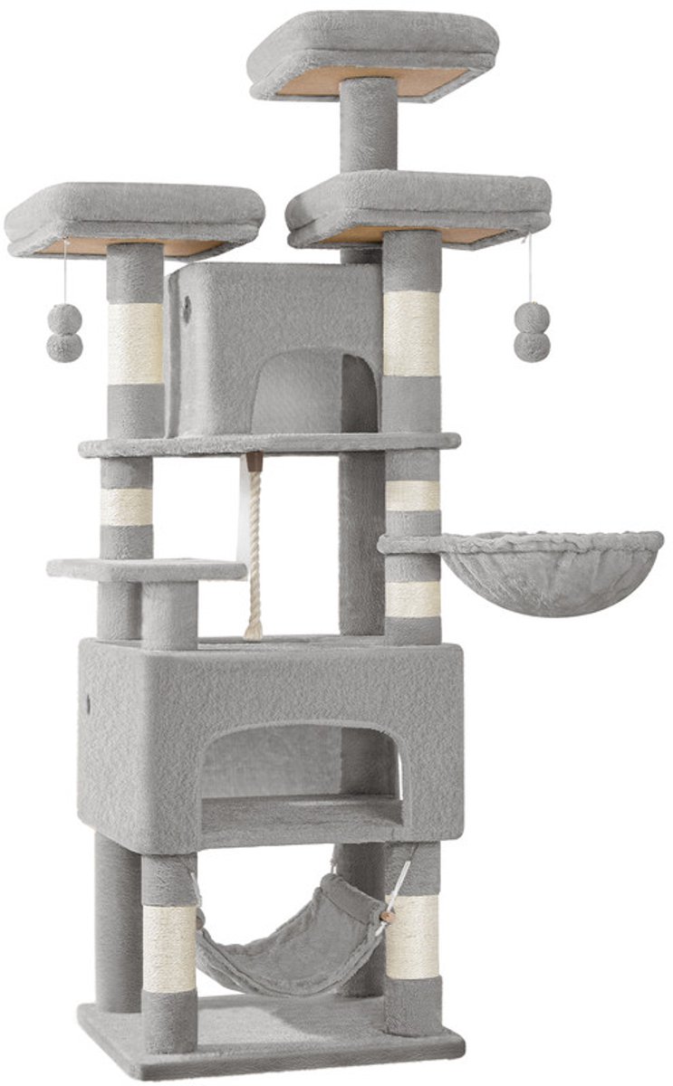 Hzuaneri XL Kattenboom, 176 cm Krabpaal, 3 Platforms, 2 Grotbedden, 7 Sisalkolommen met Hangmat, Robuust Voor Huizen met Meerdere Katten, Lichtgrijs