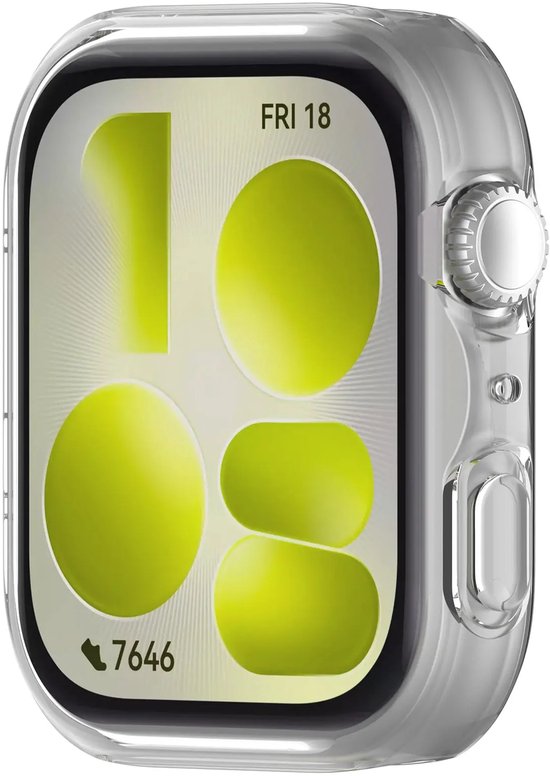 Transparant TPU hoesje om een smartwatch met een digitaal scherm met limegroene accenten.
