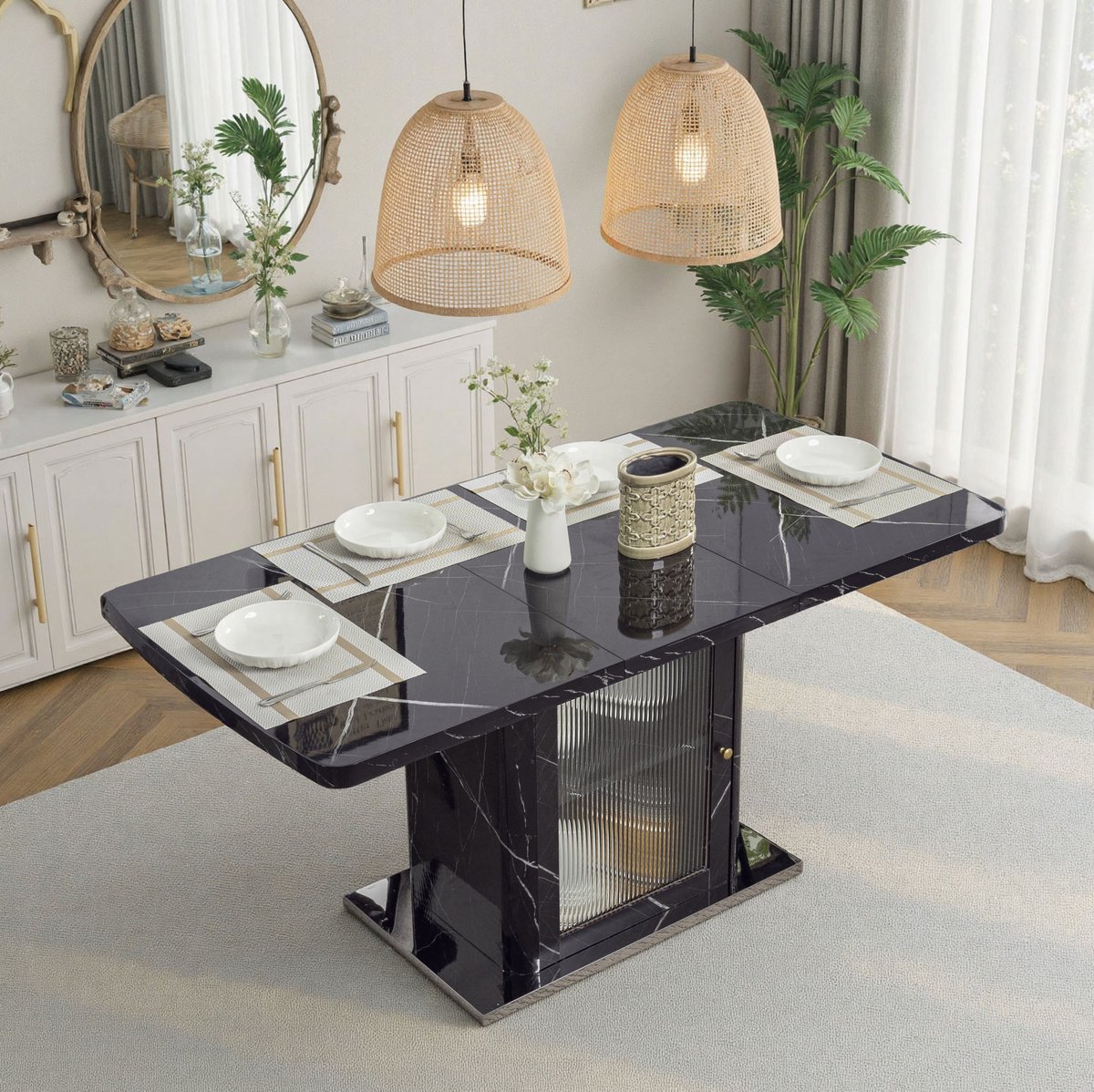 DESMIU Eettafel - Uitschuifbaar Rechthoekig Ontwerp Met Opbergvak - Modern Voor Eetkamer - MDF En Staal - 120-160x80x76 Cm - Zwart