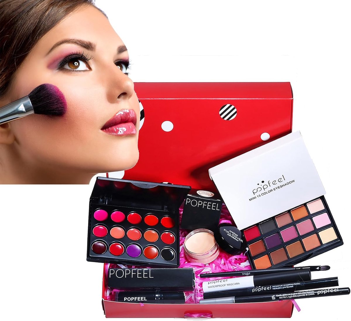 Professionele make-upset voor tienermeisjes met oogschaduw, lippenstift en foundation in handige tas