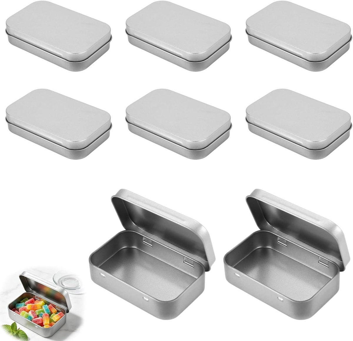 Kleine metalen doosjes set van 8, 9,5 x 6,0 x 2,2 cm, zilver, opbergdozen voor munten, snoep en sleutels, multifunctionele blikjes met deksel