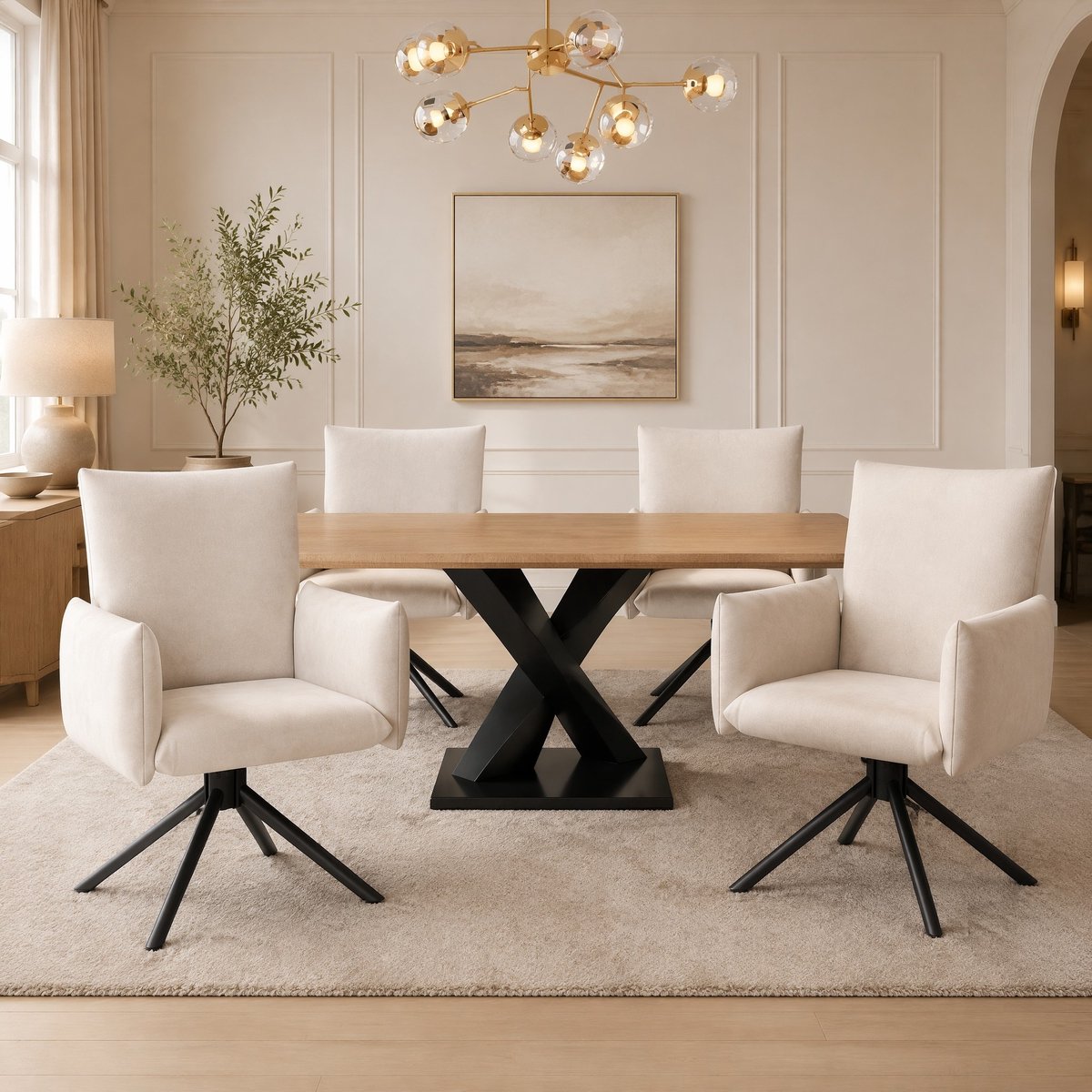 COVREO Eetkamerstoel set van 4 60x60x88 cm beige, velvet metaal draaibaar
