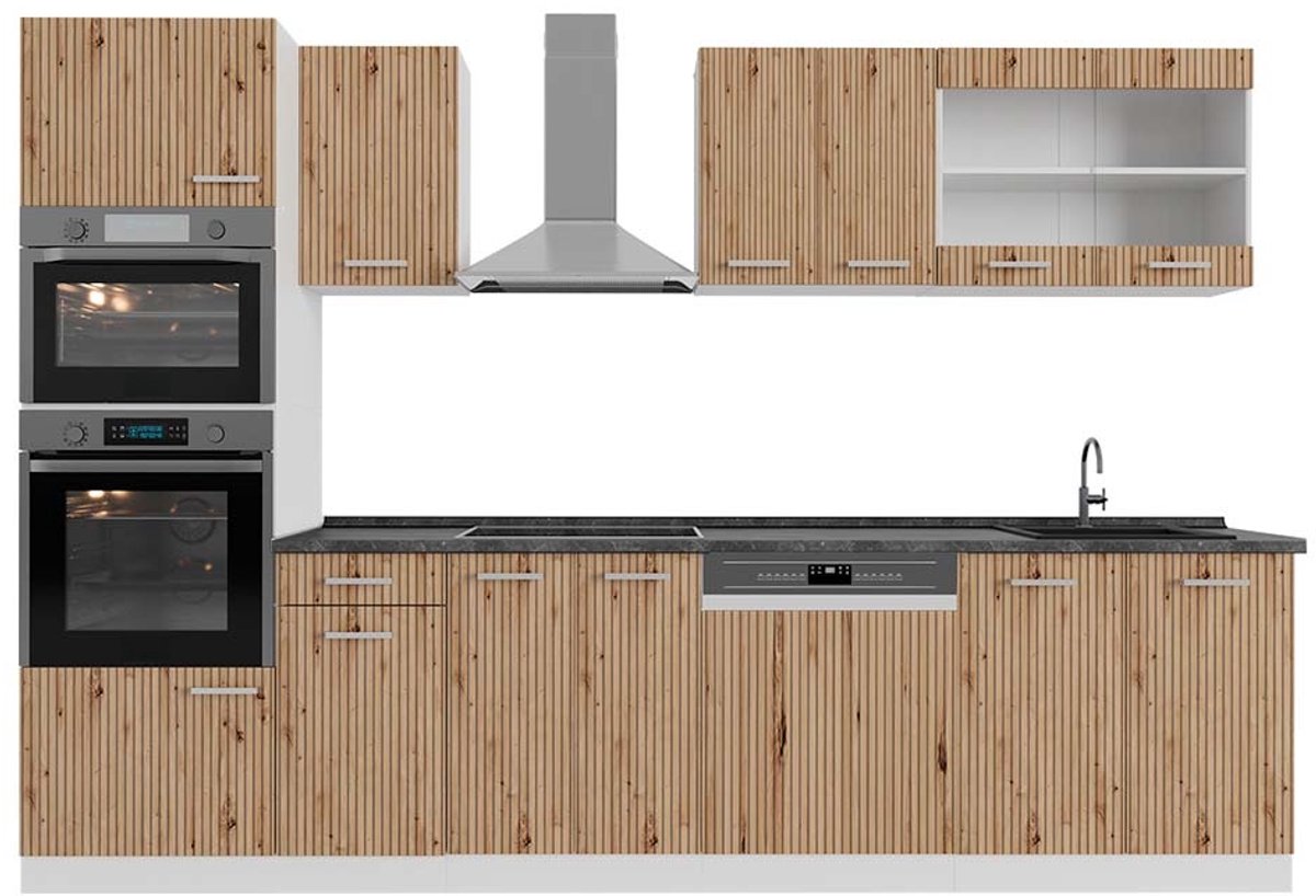 Vicco R-Line Complete keukeneenheid – 300 cm met hoge kast, WB Antraciet Artisanaal eiken/wit