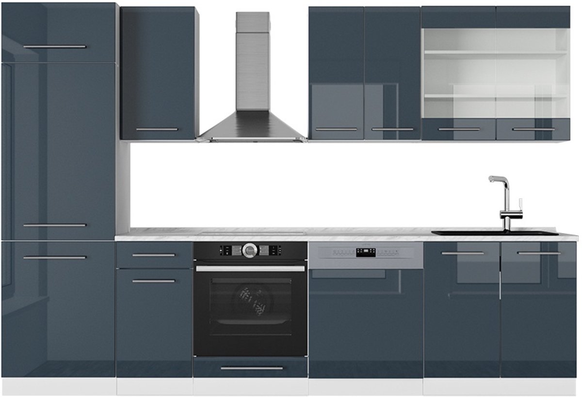 Vicco Fame-Line Complete keukeneenheid – 300 cm, WB Marmer Donkerblauw hoogglans/wit