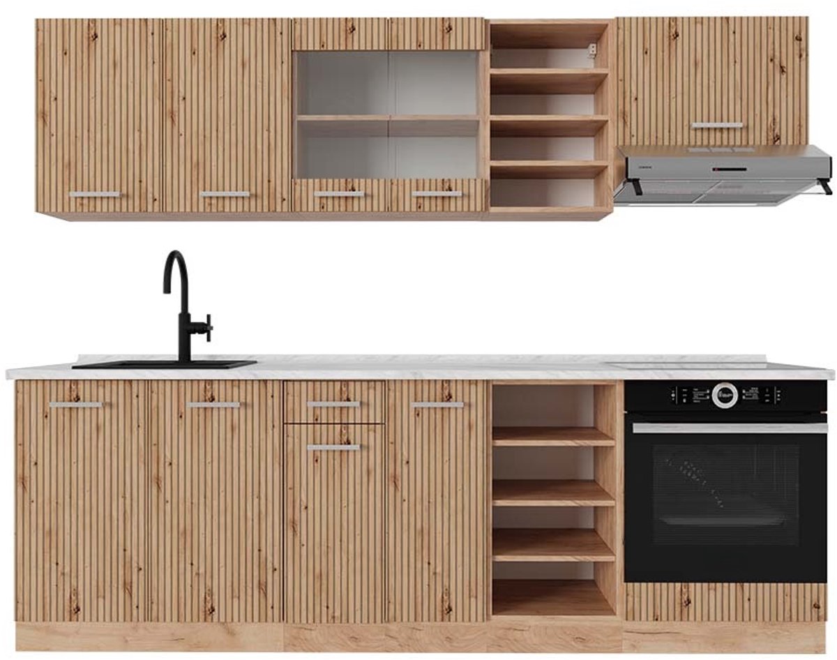 Vicco R-Line Complete keukeneenheid – 240 cm, WB Marmer Artisanaal eiken/Goudkraft eiken