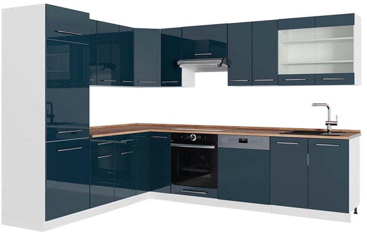 Vicco Hoekkeuken Fame-Line, Donkerblauw hoogglans/Wit, 287 x 227 cm, WB Eik