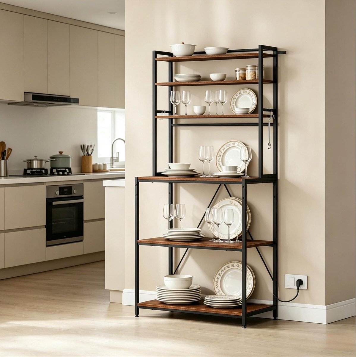 REDOM - Keukenkast - Open opbergrek met stopcontacten - 6 open planken en 6 S-haken - Verstelbare plank - Industriële stijl - Metaal en hout - Rustiek bruin - 80 x 167 x 40 cm