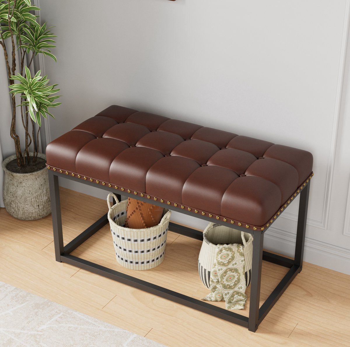 REDOM - Bankje - Gecapitonneerde zitting met knopen - Metalen frame - Waterafstotend kunstleer - Vintage stijl - Hal of slaapkamer - Zwart en Bruin - 90 x 46 x 52 cm
