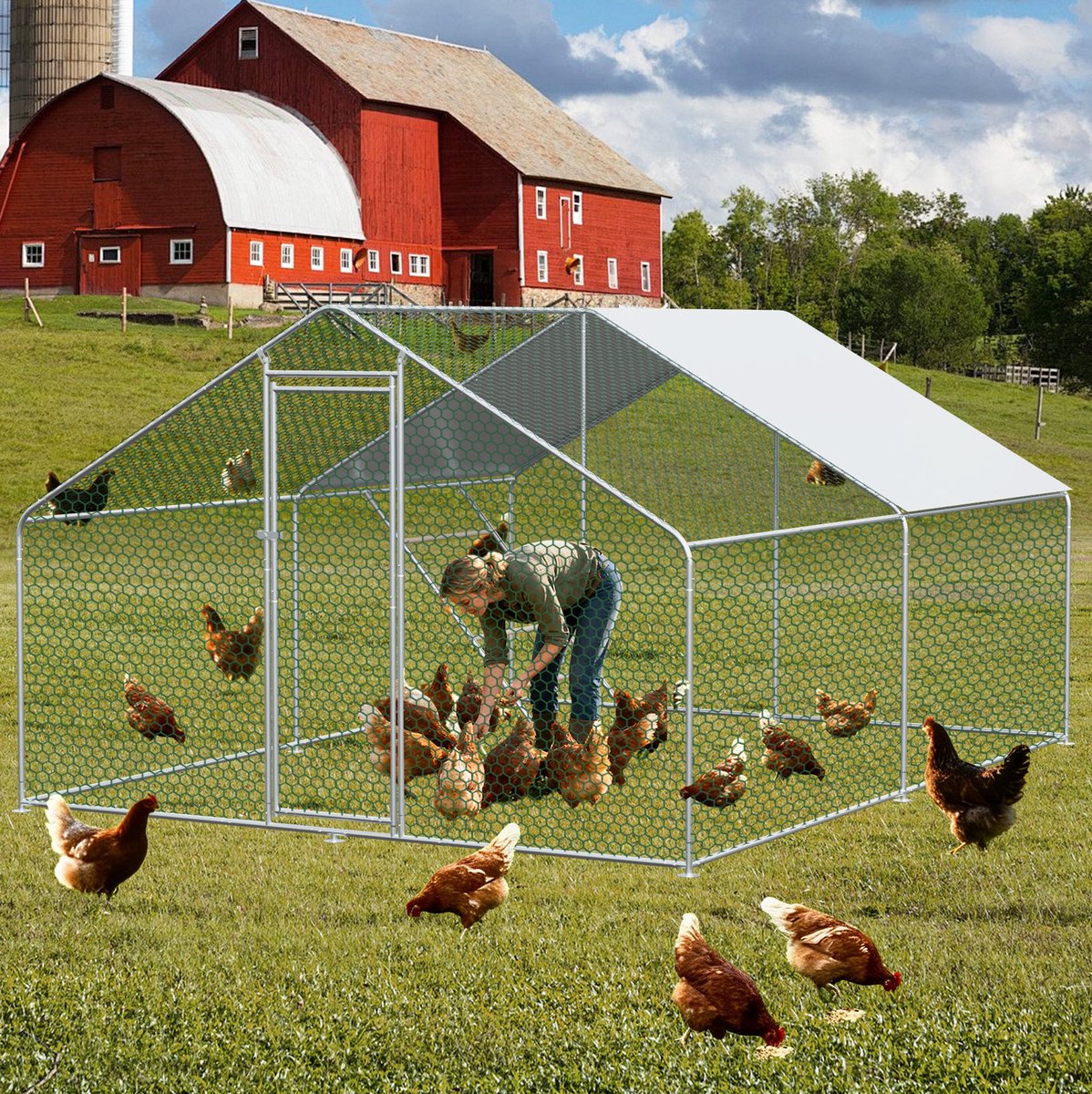 REDOM - Freilaufgehege Hühnerstall - Metalen constructie met veiligheidsslot en waterdicht PE-dak - Voor kippen en kleine dieren - Zilver - 3 x 4 x 2 m