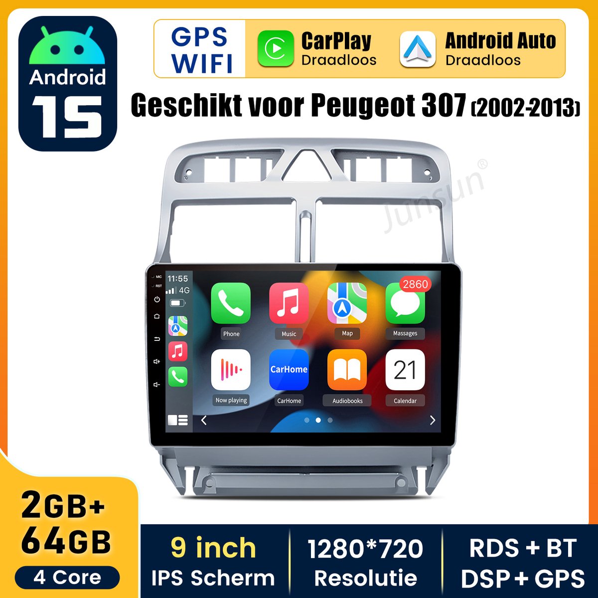 HexinexMarket - Autoradio Geschikt voor Peugeot 307 (2002- 2013) - Draadloos CarPlay, Android Auto, GPS Navi, multimediaspeler - 2GB+64GB