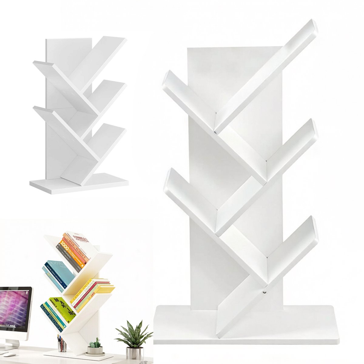 Boekenplank in boomvorm - Bureauboekenplank - Vrijstaande boekenkast met visgraatmotief - Plank voor op het aanrecht - Opbergrek voor op het bureau - Opbergkast - Bureaukastje - Wit