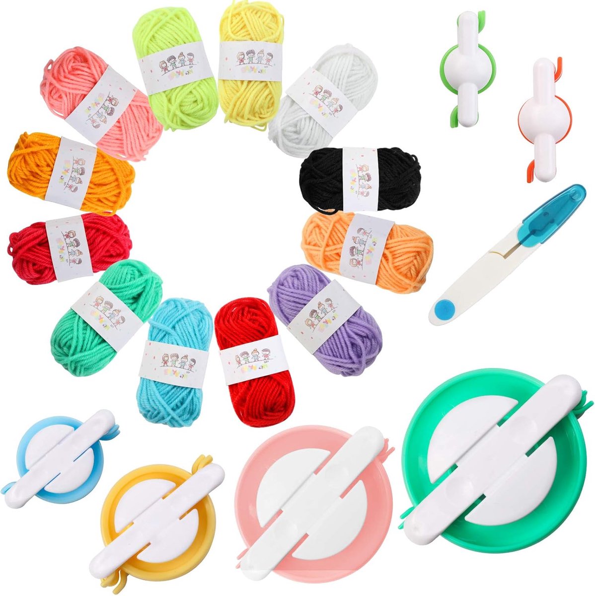 Pompom Makers, 6 maten, apparaat voor pompons + 12 kleuren wolgaren + 1 schaar, zelfhandig maken, breisets, kerstdecoratie, cadeau