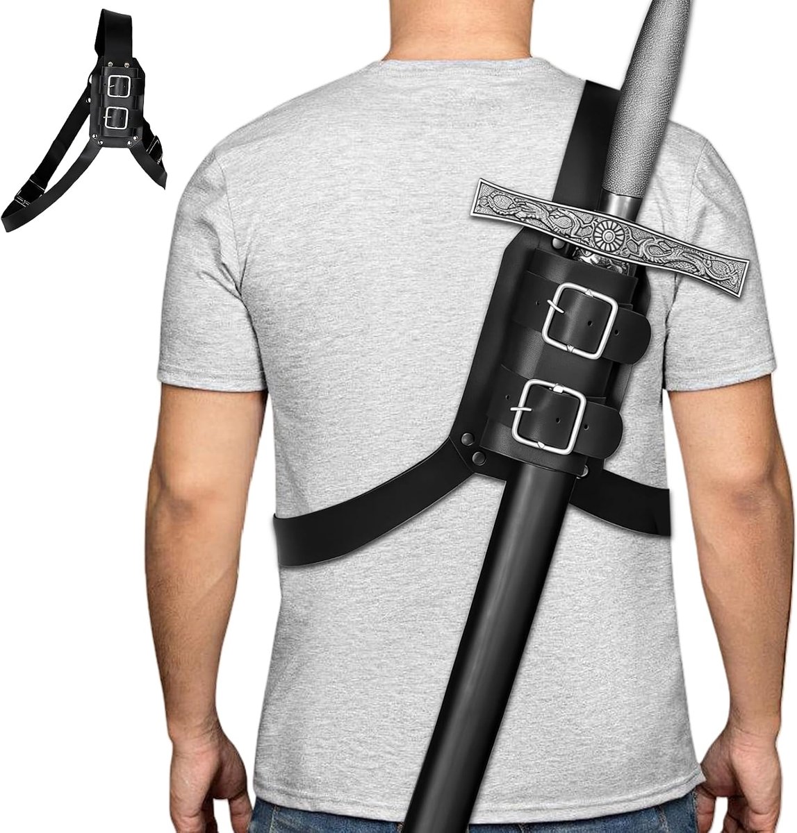 retro zwaard, schouder, rug, schede, kikkerhouder, verstelbaar zwaard, kikkerhouder, katana zwaardhouder, zwaardriem van PU, voor cosplay en samurai - zwart