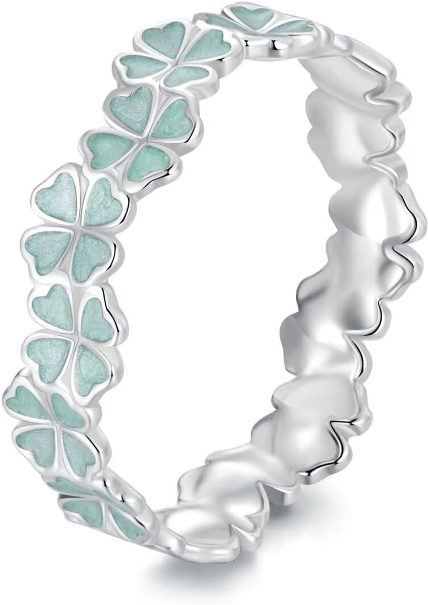 Ring met klavertje vier 925 zilver, voor dames, emaille, groen, stapelbaar en hypoallergeen, cadeau voor dochter, kleinkind of geliefde