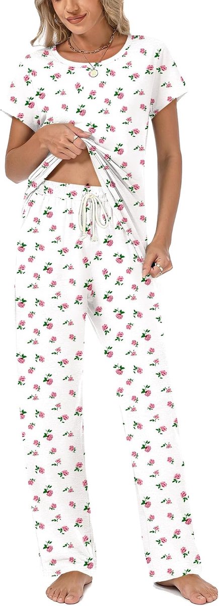 Pyjama voor Vrouwen Leuke Pjs Set Zachte Co ord Sets Loungewear Korte Mouw Pjs Dames Pyjama Nachtkleding Pyjama Bottoms Broek met Zakken Trekkoord Nachtkleding