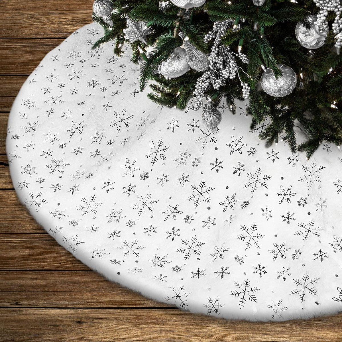 Kerstboomrok van kunstbont, 40 cm (40 cm) pluche rok met zilveren sneeuw sneeuwvlok voor vrolijk kerstfeest, winter, vakantie, thuis, feest, kerstboomdecoratie (40 cm)