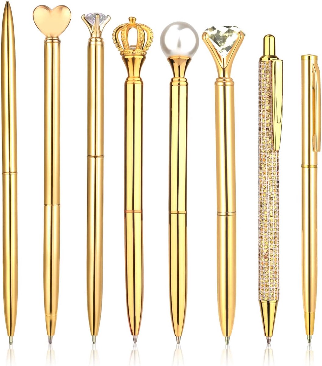 8-Delige Metalen Schattige Pennen voor Dames, Kristallen Diamanten Pen voor Bureau-Schrijfbenodigdheden (Goud)
