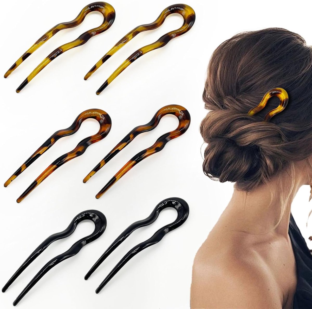 6 stuks U-vormige Franse stijl haarstok, grote vintage Franse twist chignon haarvorkspelden voor vrouwen en meisjes (3 kleuren)