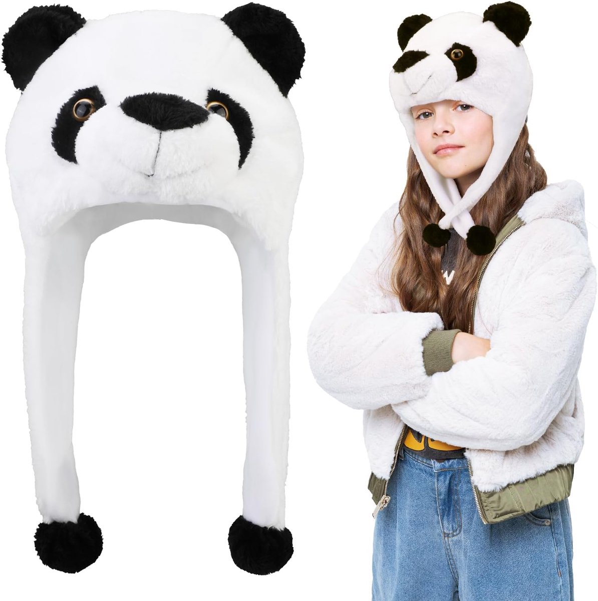 Pluche dier, hoed, panda, hoed, 2-in-1 capuchonhoed, sjaal, kunstbont, dier, hoofddeksels, grappige hoed, sjaal voor kinderen en volwassenen, dierenkostuum, cosplay, verjaardagsfeest, Halloween,