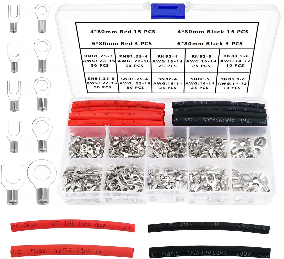 356 Stuks M3/M4/M5/M6 Delige Niet Geïsoleerde Draadterminalset, Ring Terminals Krimpterminals, Vork Type Draadcrimp Koperen Terminal Connector, met Warmtekrimpbuis, AWG 22-16 16-14 14-12