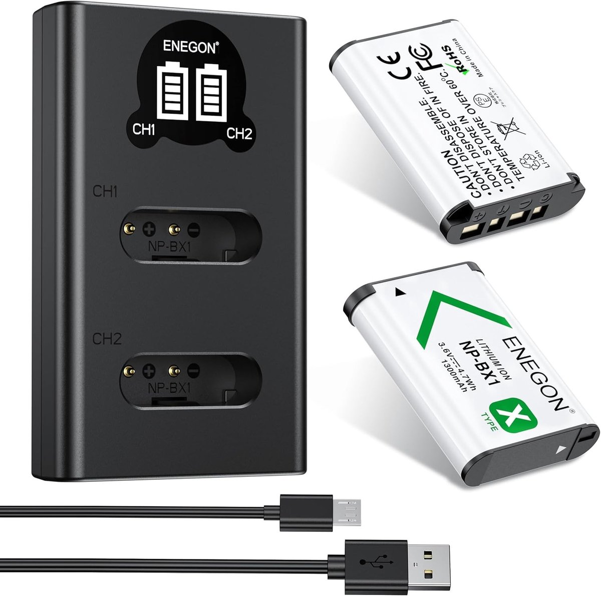 Batterij en LCD-oplader voor Sony NP-BX1, geschikt voor ZV-1, Cyber-Shot en HDR-CX405, 1300mAh 2-pack
