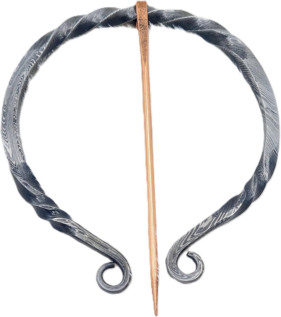 Middeleeuwse Damascus stalen ring, messing naald, handgemaakte Vikingfibel LARP, kledingnaald, gewaakte naald, sluiting, Standaard, damast staal, messing