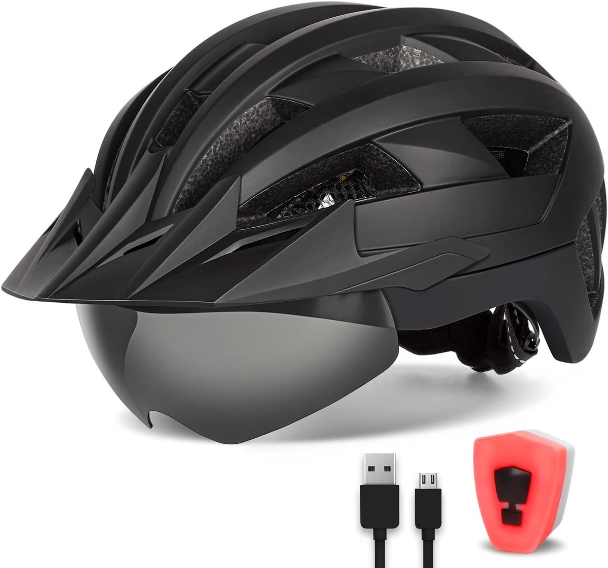 Fietshelm met Vizier voor Heren Dames, Lichtgewicht Fietshelm met Magnetische Bril en USB LED Achterlicht, Stijlvolle MTB Mountainbike Helm, Wit Zwart, Maat M/L/XL (L: 57-61 cm, Zwart)