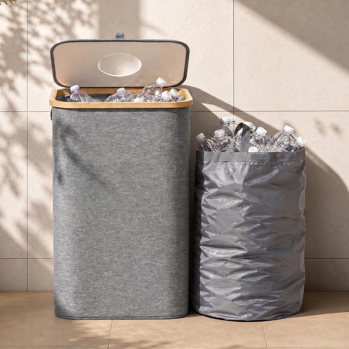 100L Bamboe Grijs – Statiegeld Flessen Verzamelbak met 2 Draagtassen Opening – Flessenhouder Opvouwbaar Waterafstotend – Keuken Recycling