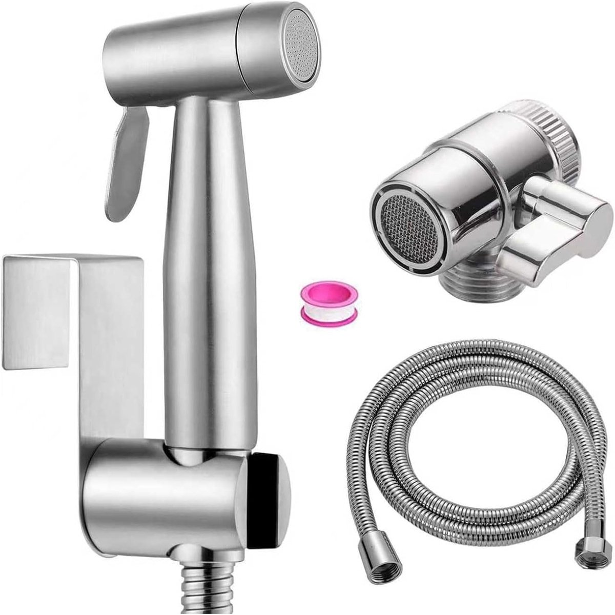 Bidet roestvrijstalen handdouche, badkamer - bidetopzetstuk met kraandispenser, veerslanghaak, waterkraandispenser, badkamerhygiëne en luierreiniging, zilverkleurig