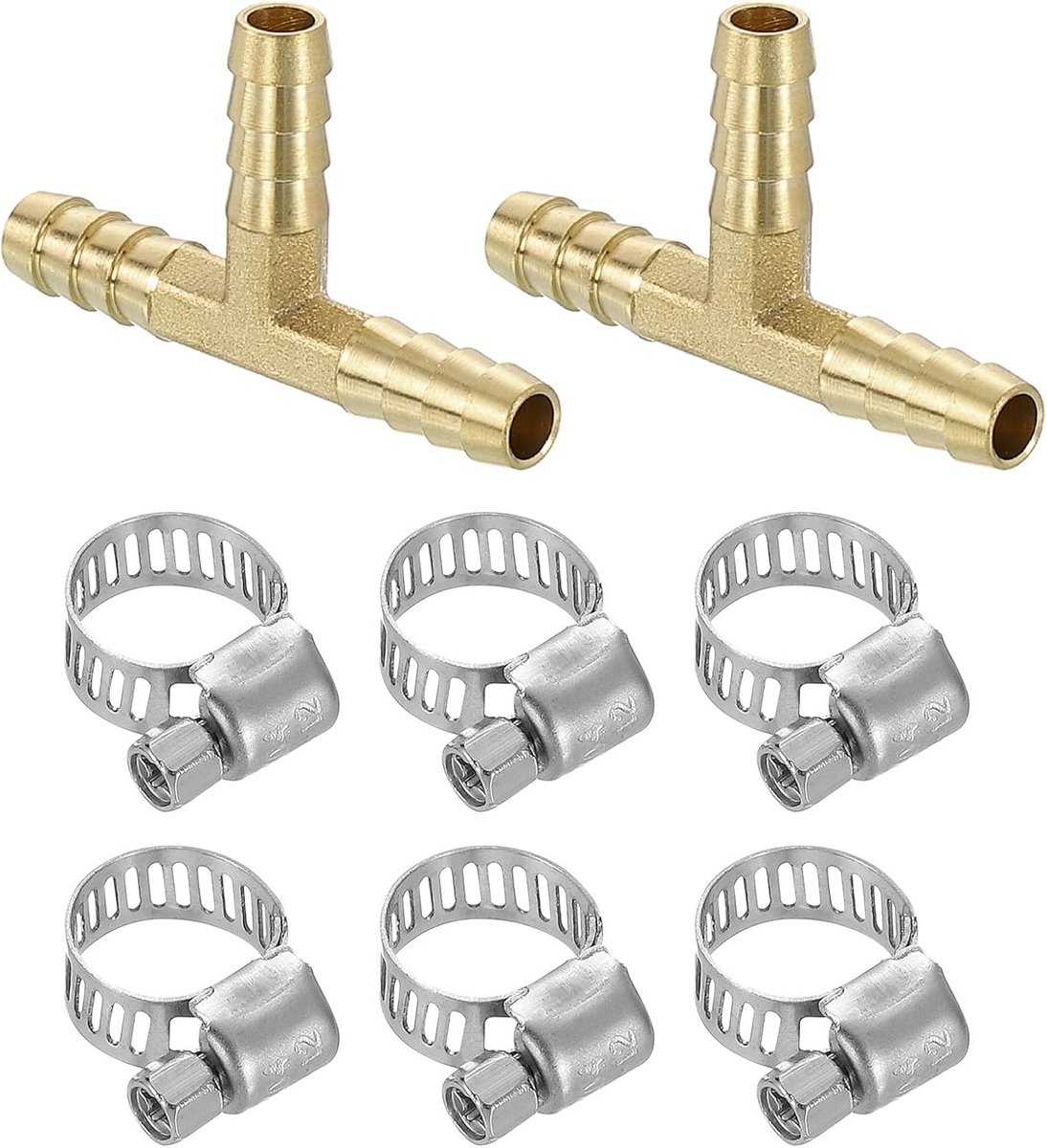 2 doppen messing thee 3-weg 1/4 inch barbed x 1/4 inch barbed x 1/4 inch verloopstuk messing T-stuk met 6 stuks slangklemmen voor water, brandstof en lucht
