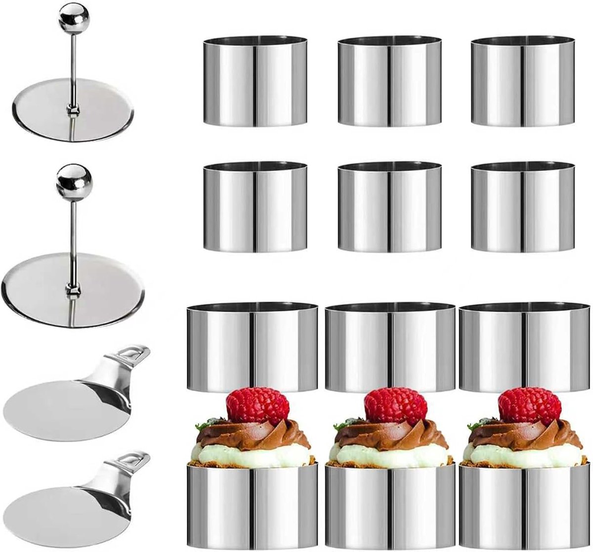 Set van 12 dessertringen, roestvrij staal (8 cm + 6 cm), perfect voor mousse, taarten en bakken, incl. stamper en sjablonen, vaatwasmachinebestendig (12)