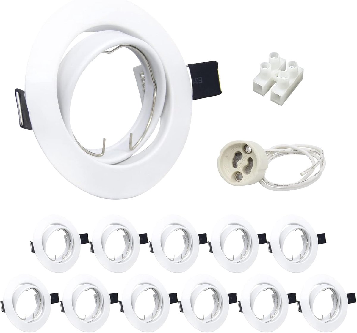 12 x inbouwplafondlampen, montageframe, rond, wit frame, downlights voor plafond, 30° kantelbare draaibare spot, fitting incl. GU10-fitting, inbouwverlichting