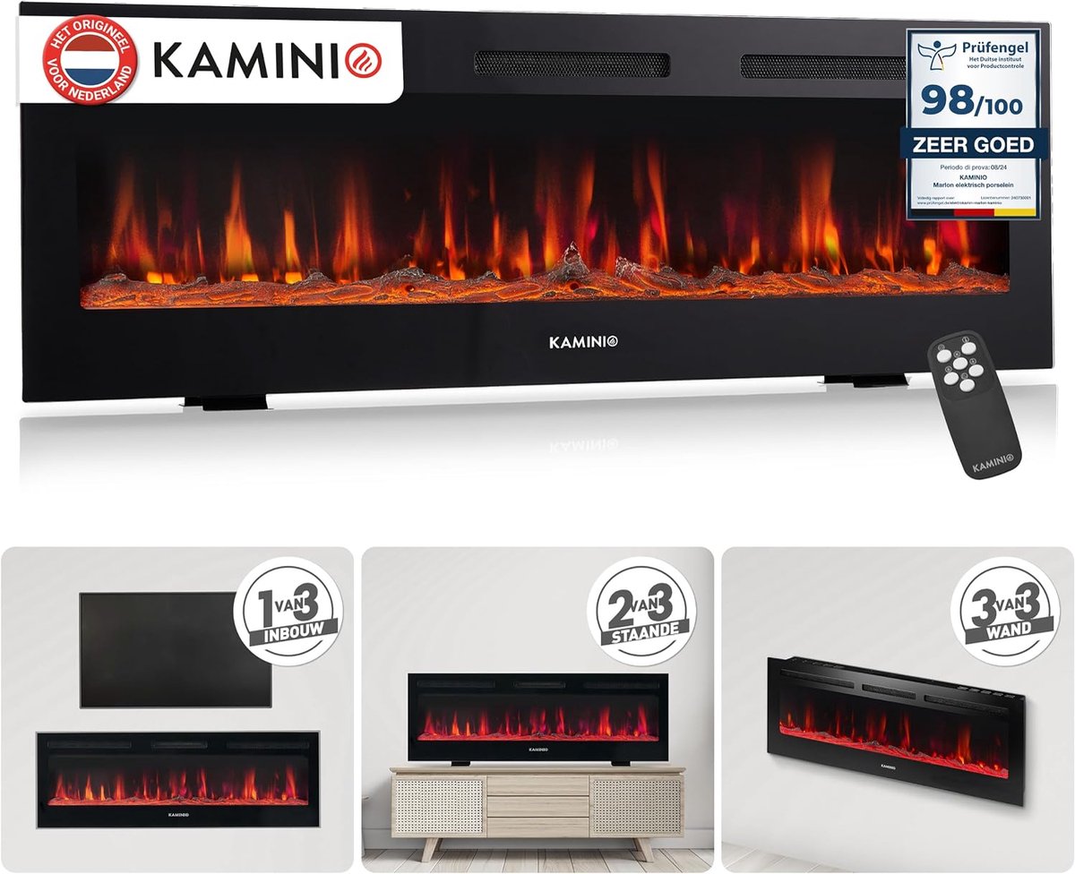 SnelShoppen - Elektrische Haard 3-in-1 - Verwarming, 3D Vlam Effect, 12 Vlamkleuren, Afstandsbediening (60 Inch) - Staande, Wand, Inbouw Haard voor Th