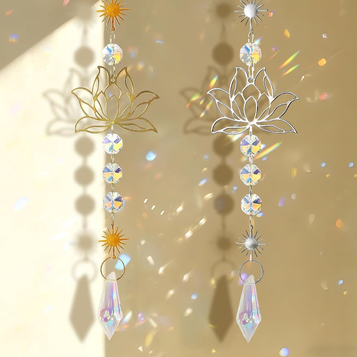 Zonvanger Met Kristal Prisma Voor Raamdecoratie | Lotus Kristallen Zonvanger Met Goud En Zilverkleurig Messing, Prisma Voor Raamdecoratie Met Mooie Lichtreflecties
