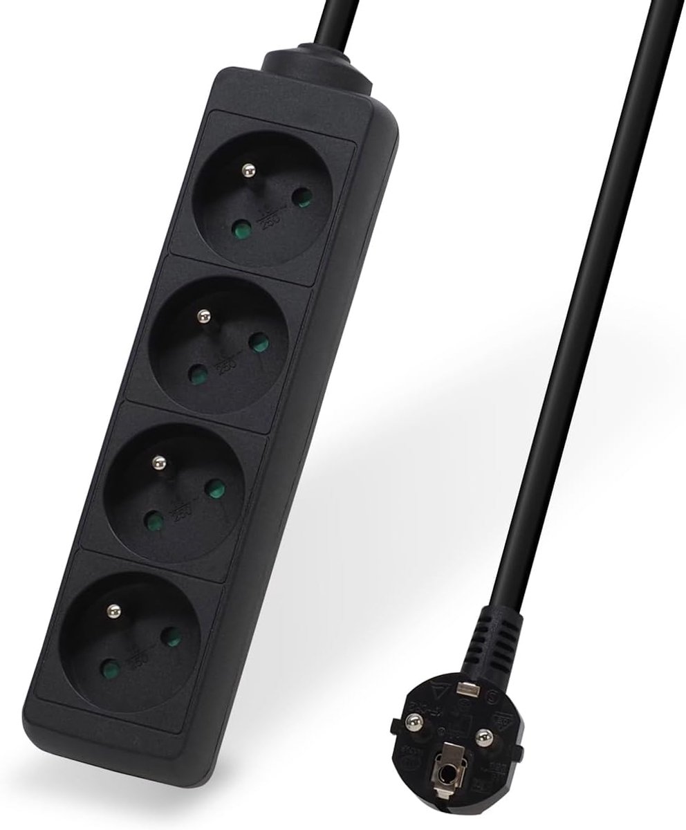 52132 stekkerdoos met 4 elektrische stopcontacten, 16 A, 2P+T, kabel lengte 5,00 m, kinderbeveiliging, CE NF, zwart