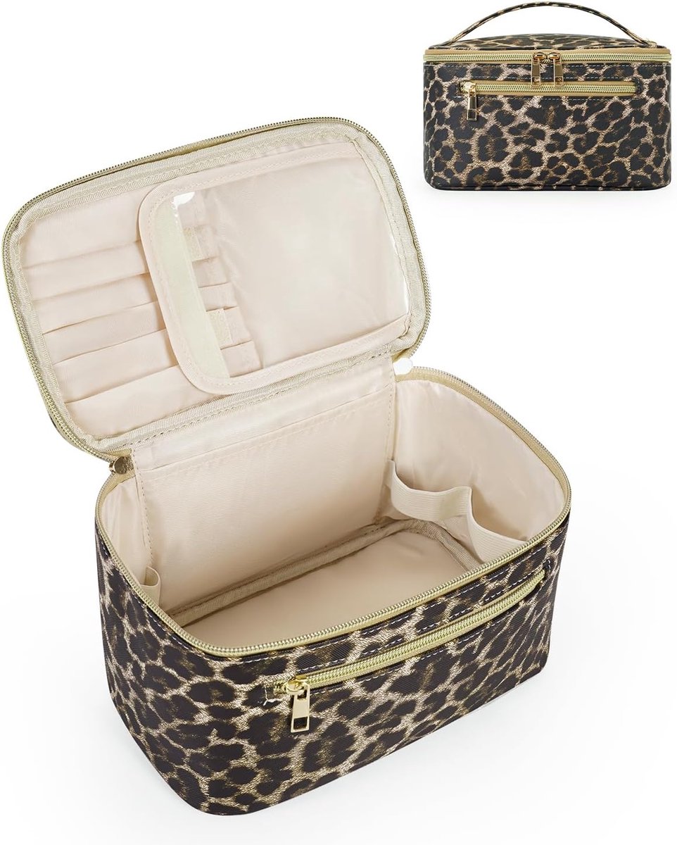 Nature Make-uptas voor dames, grote make-uptas, organizer met borstelvak, toilettas, PU-leer, draagbare make-uptas, luipaard