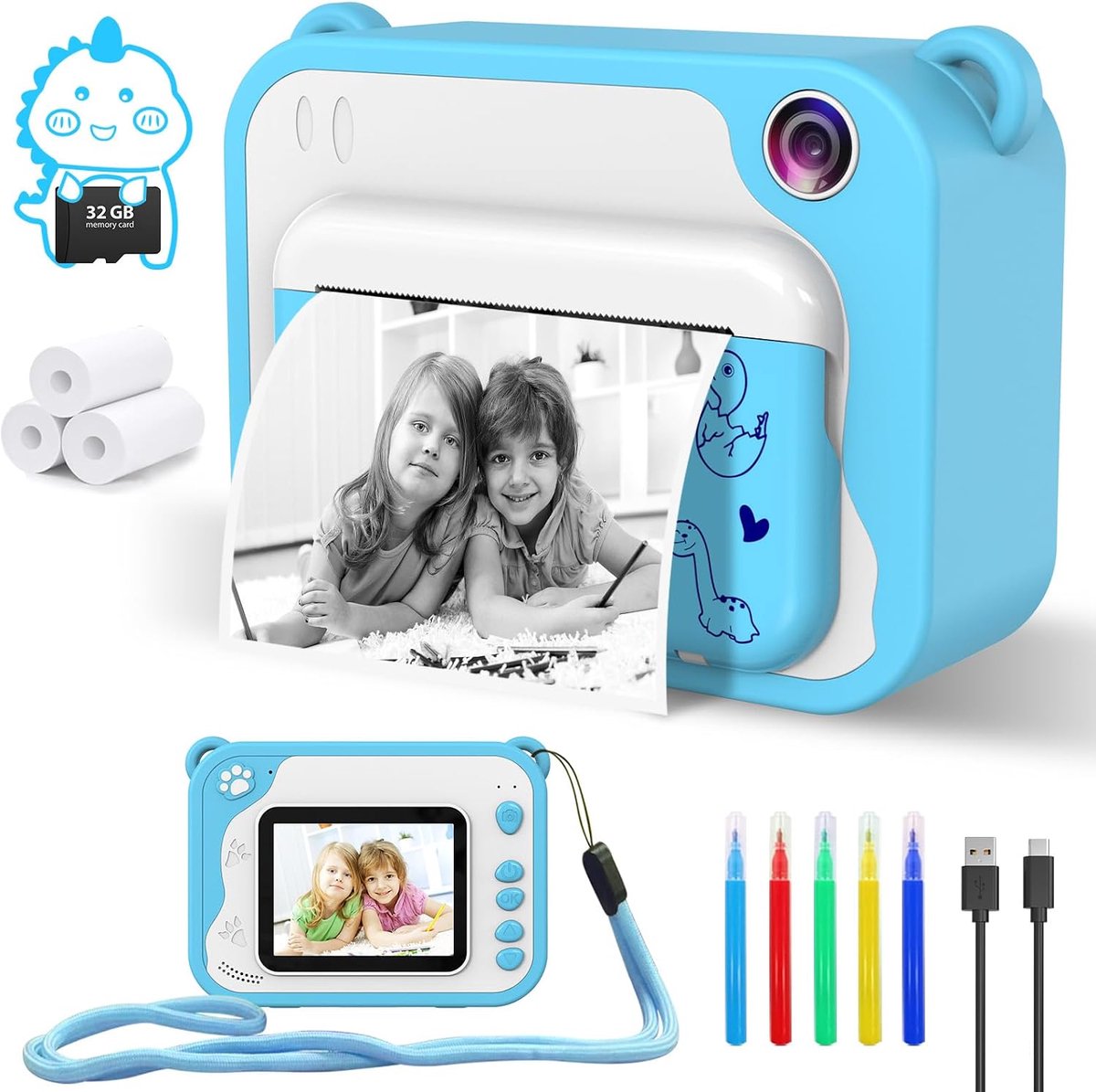 Instant Camera, 2,4 inch scherm Kindercamera, Digitale Camera 1080P met 32G SD-kaart, 3 Printpapier, 5 Kleuren Pen & 1 Lanyard, Cadeaucamera Speelgoed voor Kinderen (Blauw)