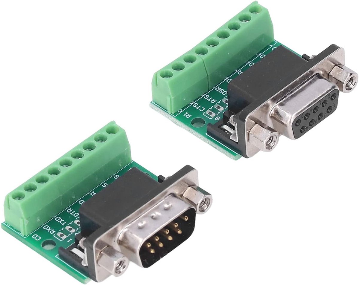 Kabeladapters, DB9 Mannelijk Vrouwelijk Connector Adapter Schroefklem 2 Stuks 9 Pin 9 Gat Conversiebord RS232 RS485 Seriele Koppeling voor Gegevensoverdracht en Communicatieprotocolconversie