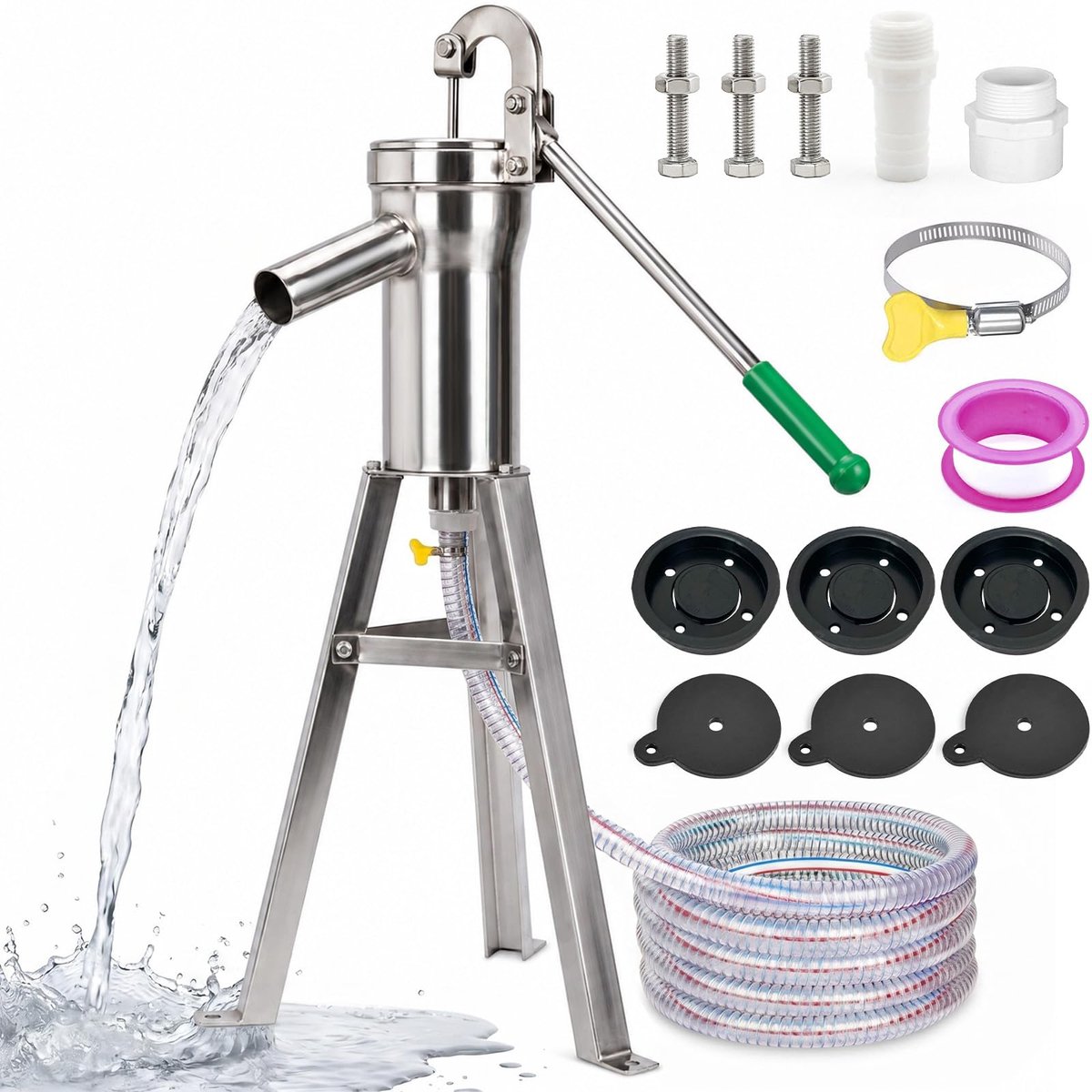 SnelShoppen - Zwengelpompset Handwaterpomp Roestvrij Staal met 58 cm Standaard en 5 m Waterslang voor Grondwaterpomp tot 10 m Diepte Tuinpomp voor Tui